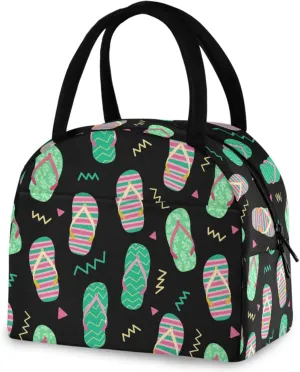 Women Girls Insulated Lunch Tote Bag, Cute Slippers Summer Beach Black Reusable Leakproof Cooler Box with 2 Pockets for Adult & Youth School Work Picnic Travel Beach Fishing