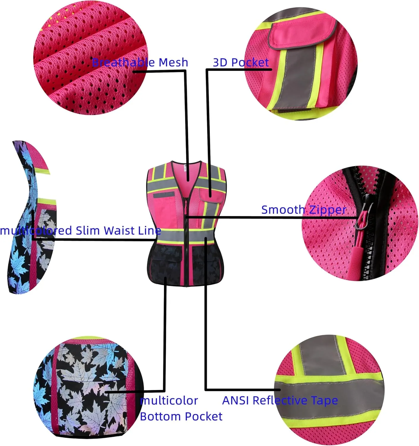 Women Safety Vest, Multi Pockets High Visibility Reflective Breathable Mesh Work Vest For Lady, Durable Zipper