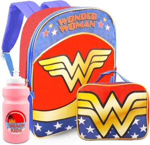 Wonder Woman Backpack and Lunch Box - Bundle Backpack, Lunch Bag, Water Pouch, More School Backpack