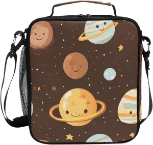 Wudan Cartoon Outer Planets Alphabet Brown Insulated Kids Bags with Handles Teachers Crossbody Lunch Bag for Hospital Medical Staff