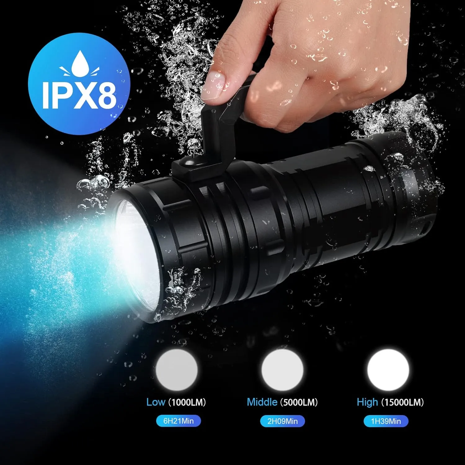 Wurkkos Diving Flashlight DL06 Max 15000 Lumen Scuba Dive Light, 100°Beam Angle Diving Light with 6 LED, IPX8 Waterproof Dive Torch 100m Underwater Flashlight Cold White(6000K)