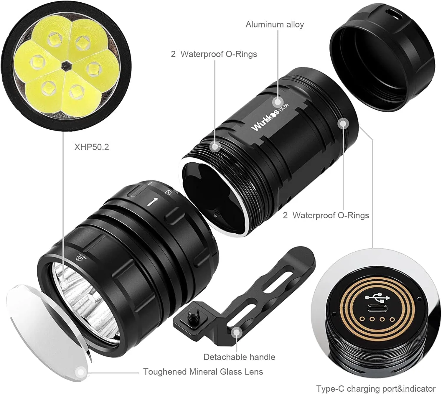 Wurkkos Diving Flashlight DL06 Max 15000 Lumen Scuba Dive Light, 100°Beam Angle Diving Light with 6 LED, IPX8 Waterproof Dive Torch 100m Underwater Flashlight Cold White(6000K)