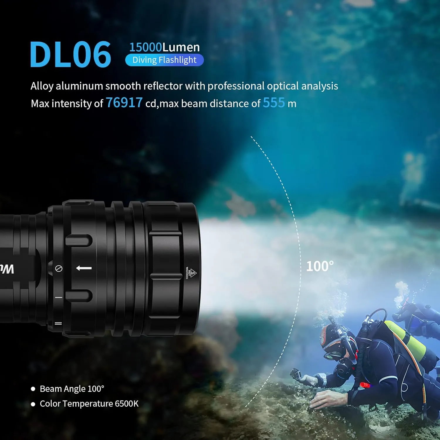 Wurkkos Diving Flashlight DL06 Max 15000 Lumen Scuba Dive Light, 100°Beam Angle Diving Light with 6 LED, IPX8 Waterproof Dive Torch 100m Underwater Flashlight Cold White(6000K)