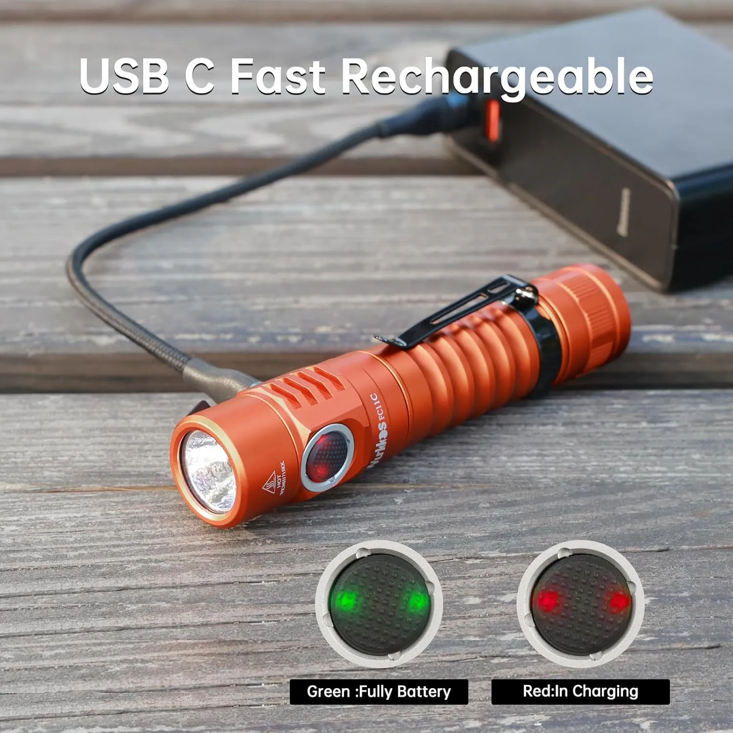 Wurkkos FC11C Led Flashlight Rechargeable 1200 Lumens, 155m Long Beam Distance, IP68 Waterproof Flashlights with Magnetic Base, Small Powerful EDC Flashlight for Camping Hiking Emergency-Orange 5000K