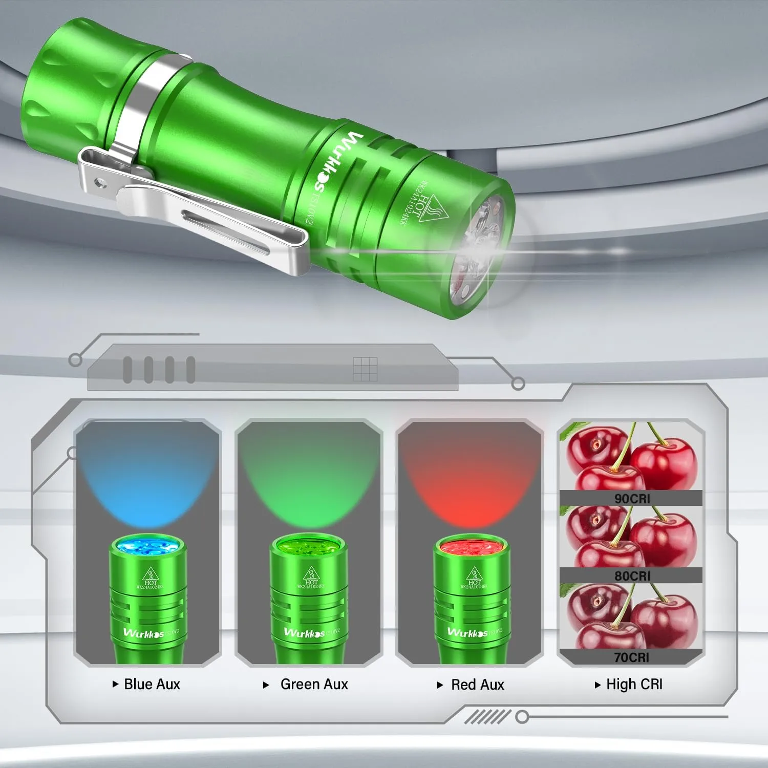 Wurkkos TS10 V2 4000K Pocket EDC Flashlight Green Body-Mini 90CRI LED Flashlight with Rechargeable Battery,1-1400 Lumen Brightness,3Pcs Color Aux LED,Anduril 2.0 UI