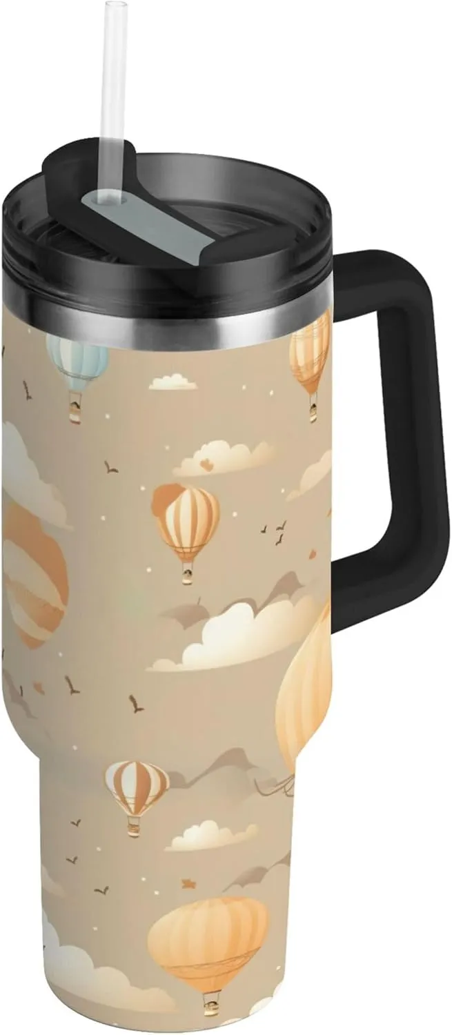 xigua 30 oz Cartoon Hot Air Balloon Tumbler with Handle and Straw Lid, Stainless Steel Vacuum Insulated Sports Water Bottle, Keeps Cold or Hot Coffee Cup Travel Mug