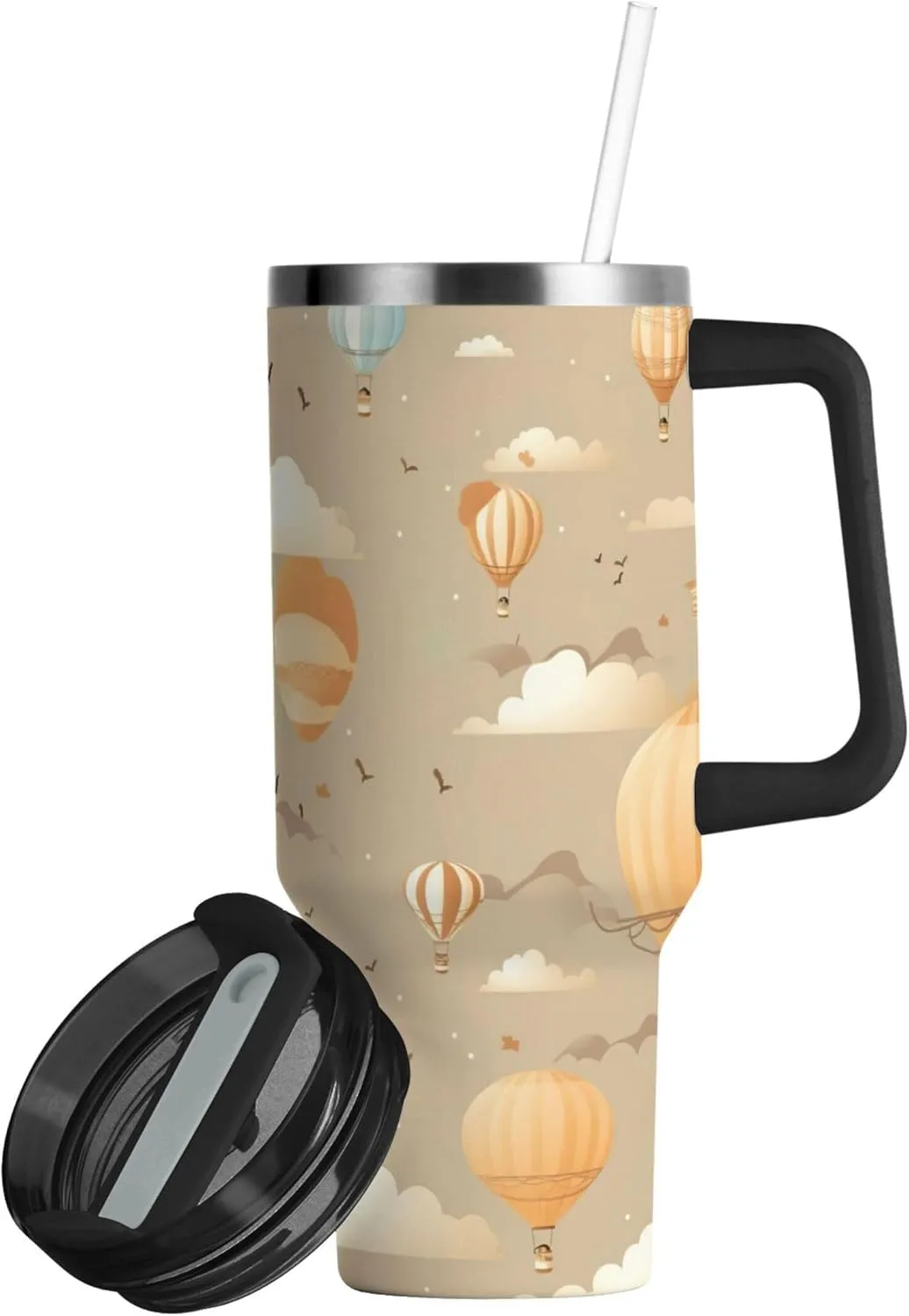 xigua 30 oz Cartoon Hot Air Balloon Tumbler with Handle and Straw Lid, Stainless Steel Vacuum Insulated Sports Water Bottle, Keeps Cold or Hot Coffee Cup Travel Mug