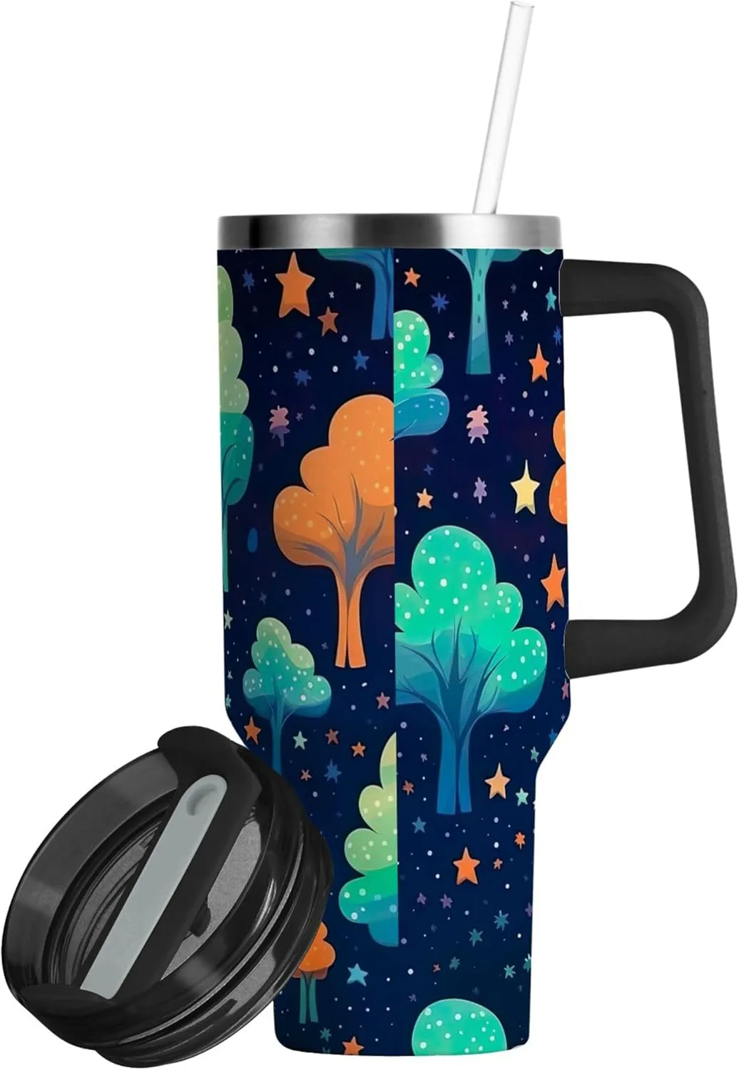 xigua 30 oz Cartoon Trees Tumbler with Handle and Straw Lid, Stainless Steel Vacuum Insulated Sports Water Bottle, Keeps Cold or Hot Coffee Cup Travel Mug