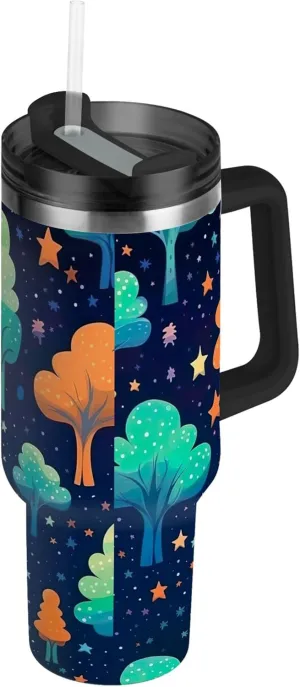 xigua 30 oz Cartoon Trees Tumbler with Handle and Straw Lid, Stainless Steel Vacuum Insulated Sports Water Bottle, Keeps Cold or Hot Coffee Cup Travel Mug