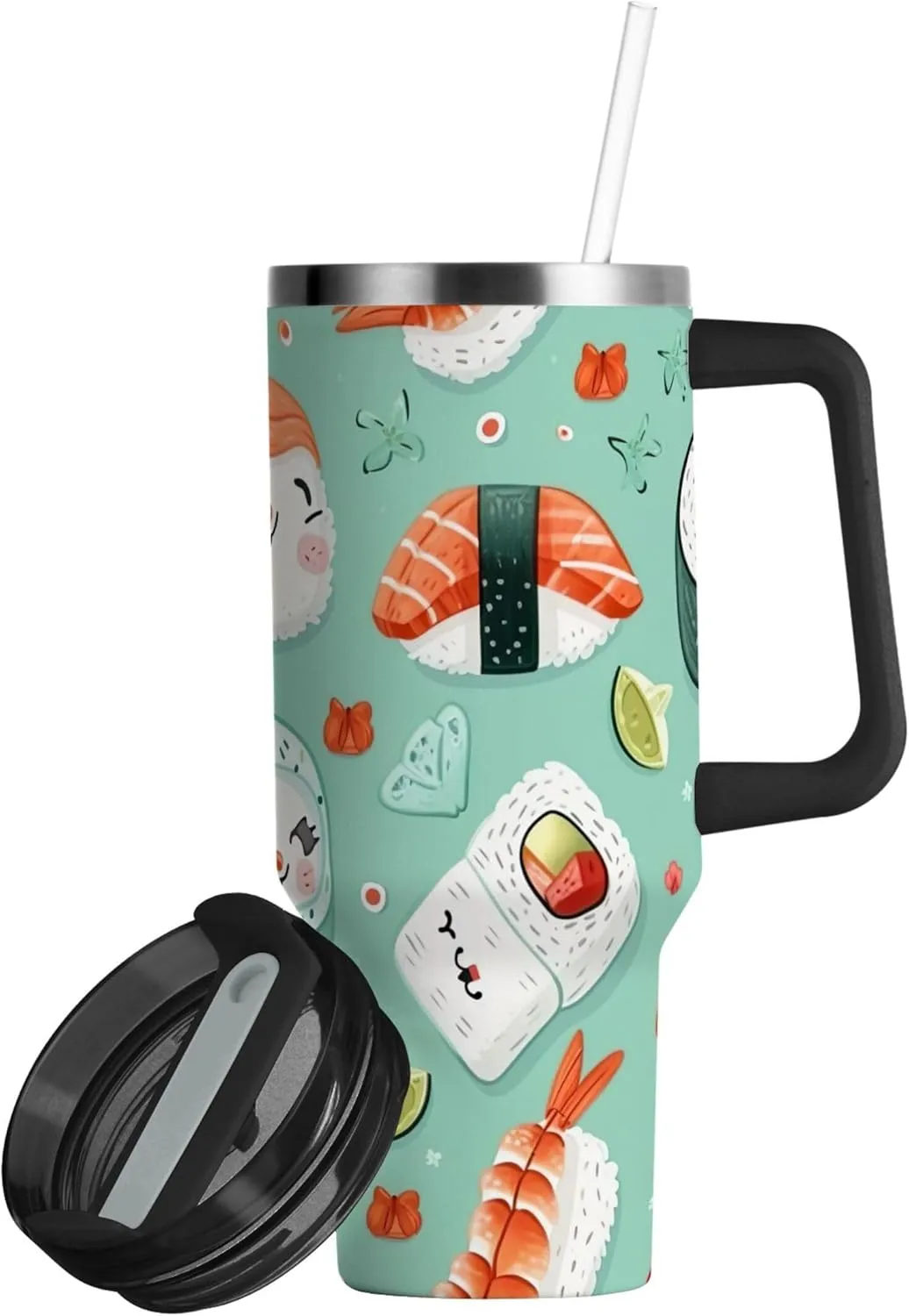xigua 30 oz Sushi Tumbler with Handle and Straw Lid, Stainless Steel Vacuum Insulated Sports Water Bottle, Keeps Cold or Hot Coffee Cup Travel Mug