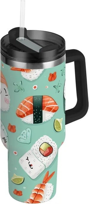 xigua 30 oz Sushi Tumbler with Handle and Straw Lid, Stainless Steel Vacuum Insulated Sports Water Bottle, Keeps Cold or Hot Coffee Cup Travel Mug