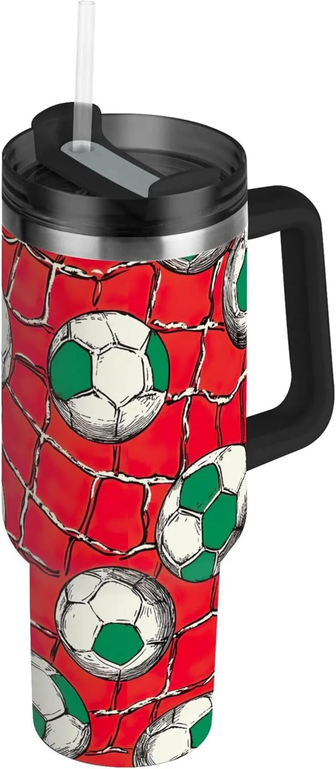 xigua 40 oz Soccer Balls Tumbler with Handle and Straw Lid, Stainless Steel Vacuum Insulated Sports Water Bottle, Keeps Cold or Hot Coffee Cup Travel Mug