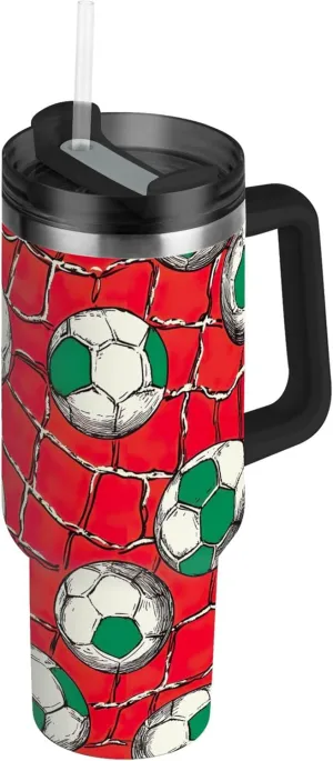 xigua 40 oz Soccer Balls Tumbler with Handle and Straw Lid, Stainless Steel Vacuum Insulated Sports Water Bottle, Keeps Cold or Hot Coffee Cup Travel Mug