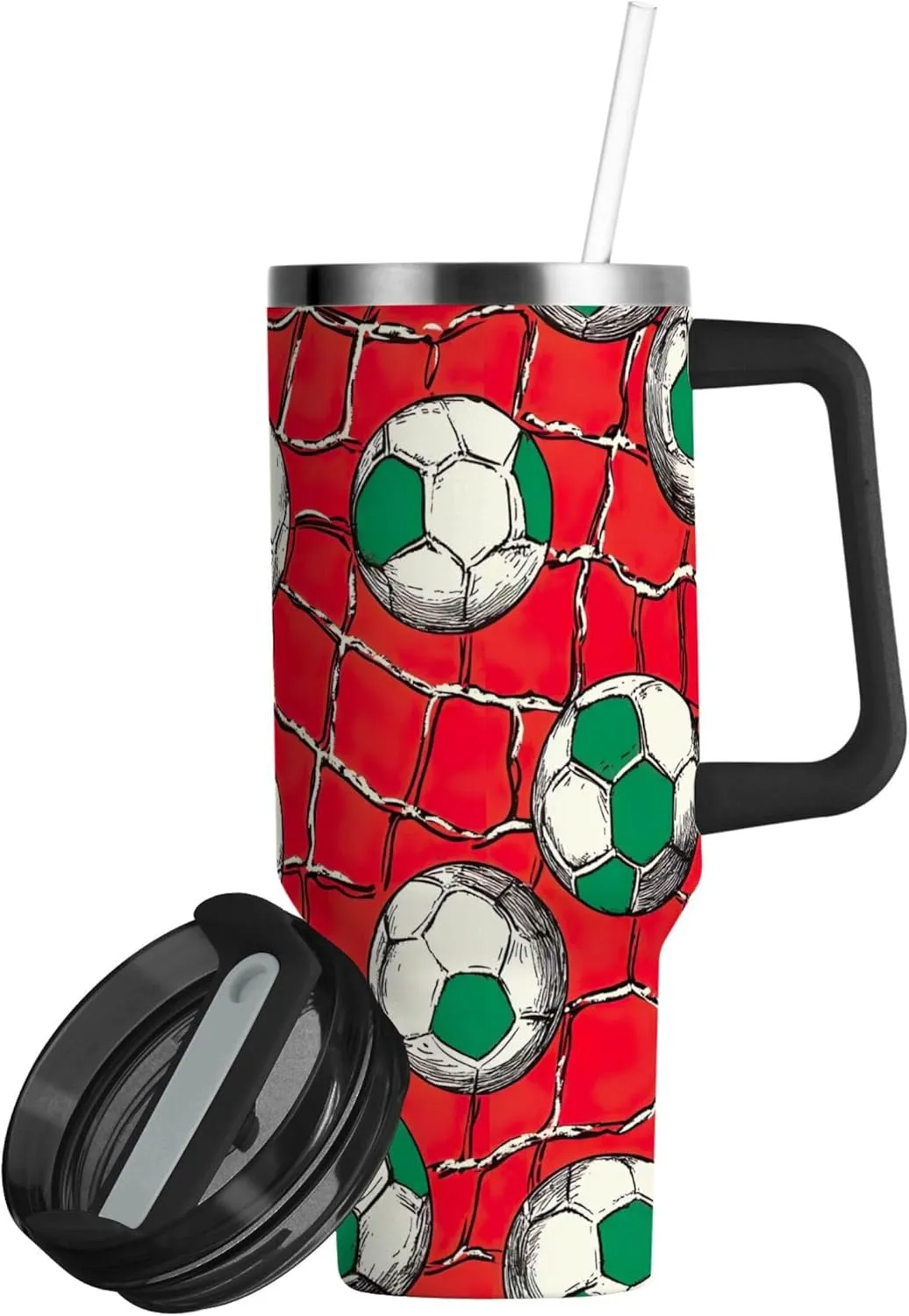 xigua 40 oz Soccer Balls Tumbler with Handle and Straw Lid, Stainless Steel Vacuum Insulated Sports Water Bottle, Keeps Cold or Hot Coffee Cup Travel Mug