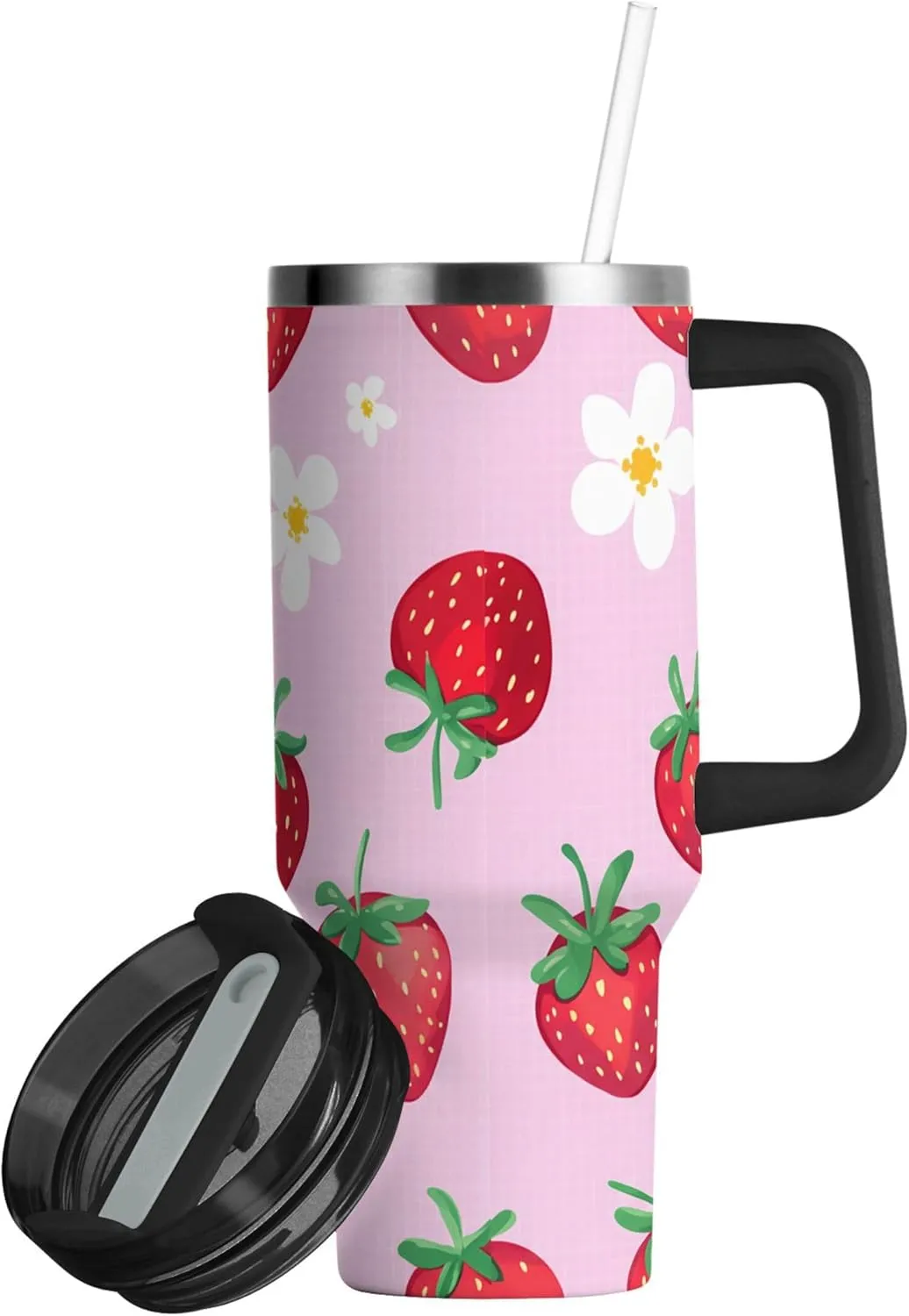 xigua 40 oz Strawberries Tumbler with Handle and Straw Lid, Stainless Steel Vacuum Insulated Sports Water Bottle, Keeps Cold or Hot Coffee Cup Travel Mug