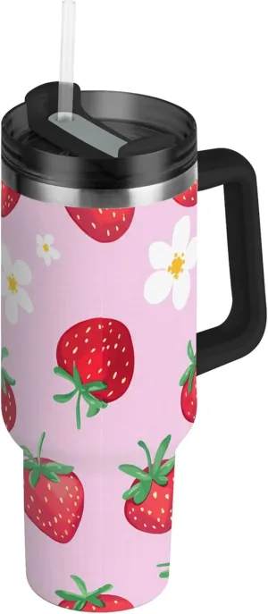 xigua 40 oz Strawberries Tumbler with Handle and Straw Lid, Stainless Steel Vacuum Insulated Sports Water Bottle, Keeps Cold or Hot Coffee Cup Travel Mug
