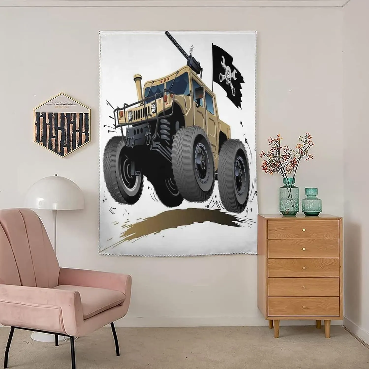 XISUNYA Adjustable Blackout Shades, Cars Portable Blackout Curtain, Worldwide Off Road Famous Truck Skull Pirate Flag Camouflage Print Thermal Lnsulated Room Darkening Small Drapes,26W x40L Inch