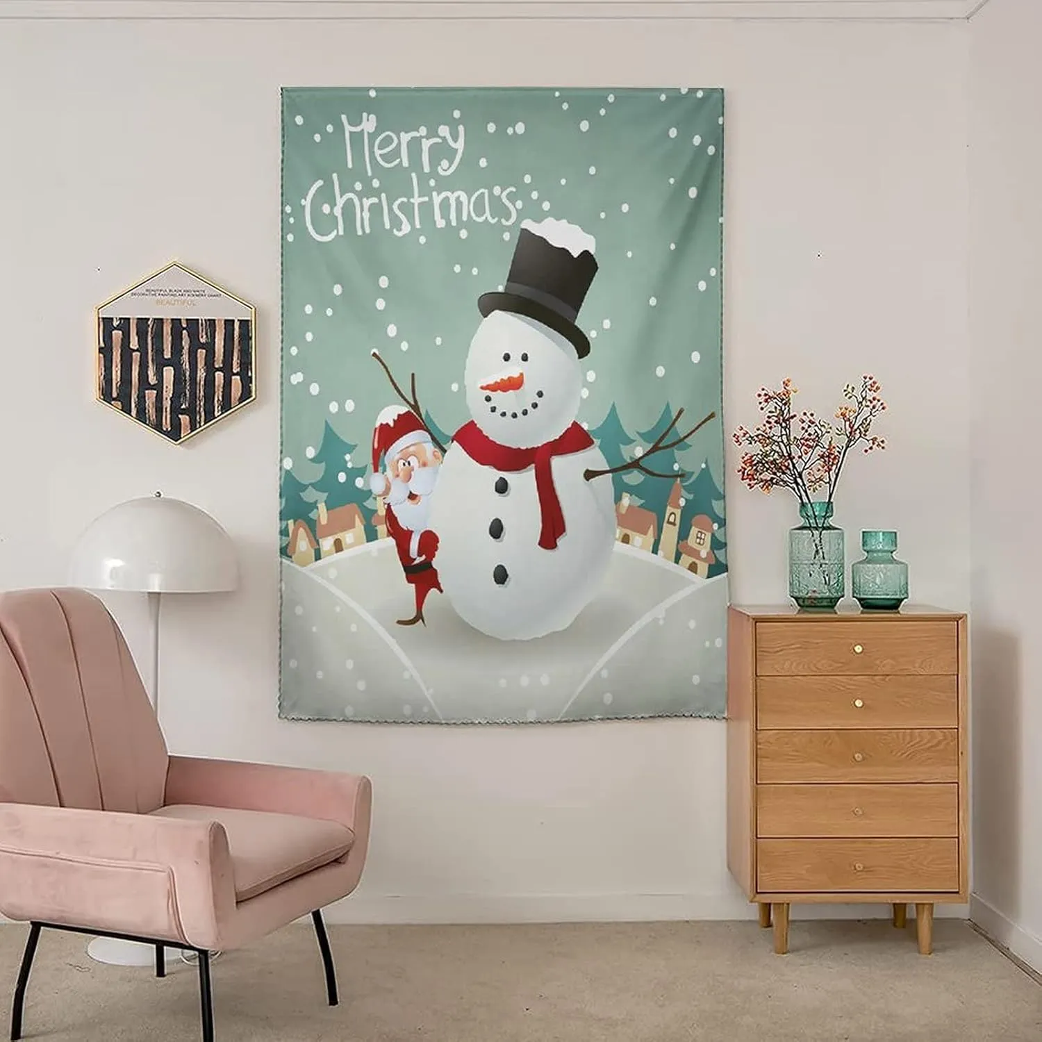 XISUNYA Adjustable Blackout Shades, Christmas Portable Blackout Curtain, Merry Christmas Cartoon Santa Snowman Pines Houses Winter Print Living Room Bedroom Window Drapes,35W x63L Inch