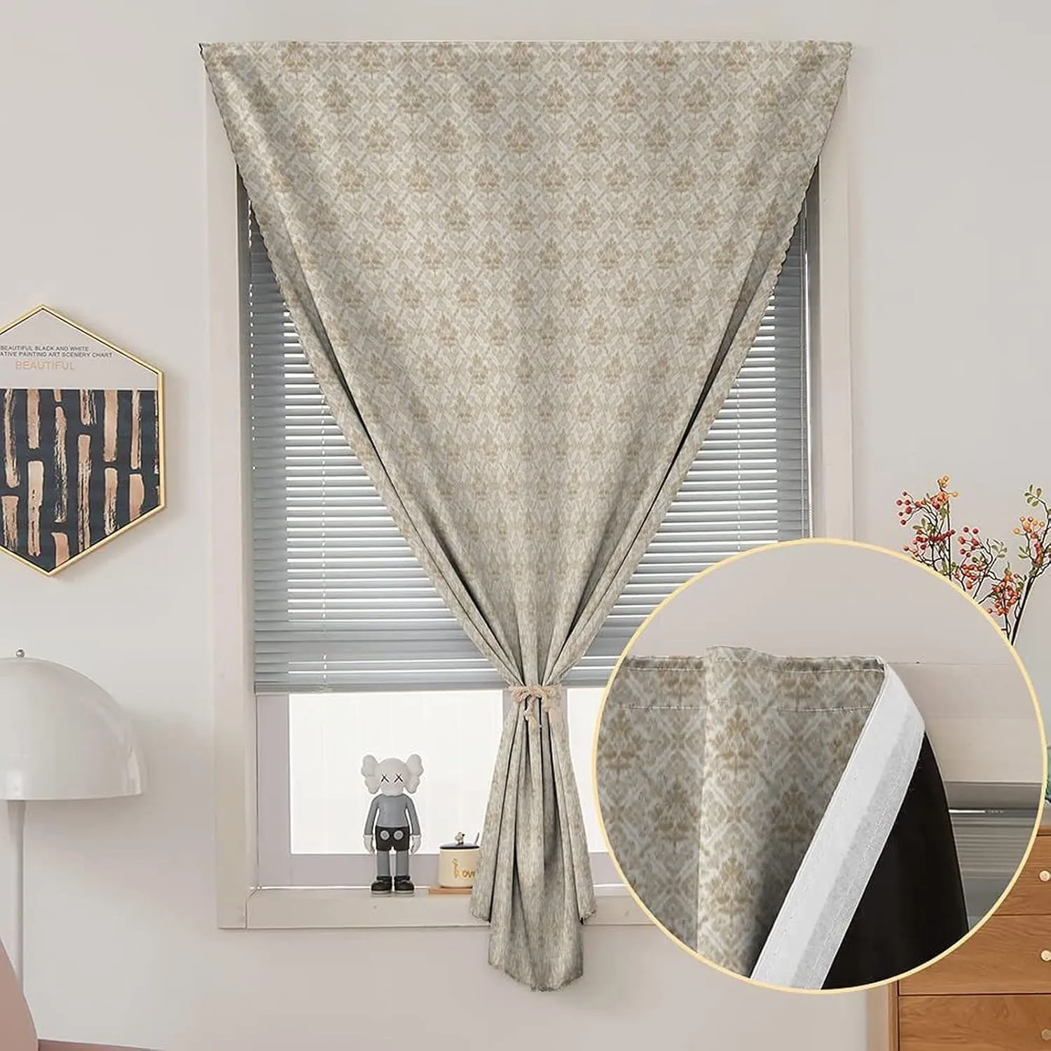 XISUNYA Adjustable Blackout Shades, Damask Portable Blackout Curtain, Ornamental Squares Lines Print Living Room Bedroom Window Drapes,26W x40L Inch, for Bathroom Living Room Bedroom