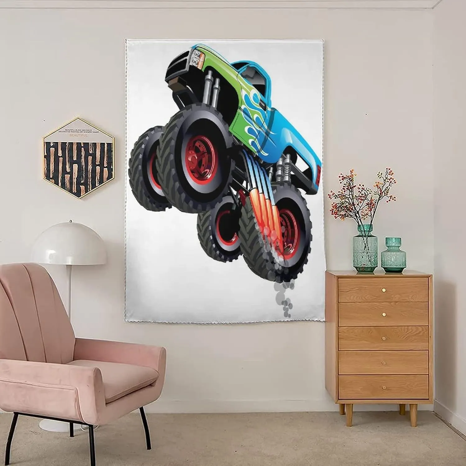 XISUNYA Anywhere Portable Blackout Curtain, Cars Door Window Curtains, Cartoon Monster Truck Cool Vehicle Print Living Room Bedroom Window Drapes,26W x40L Inch, for Kitchen Bathroom Living Room