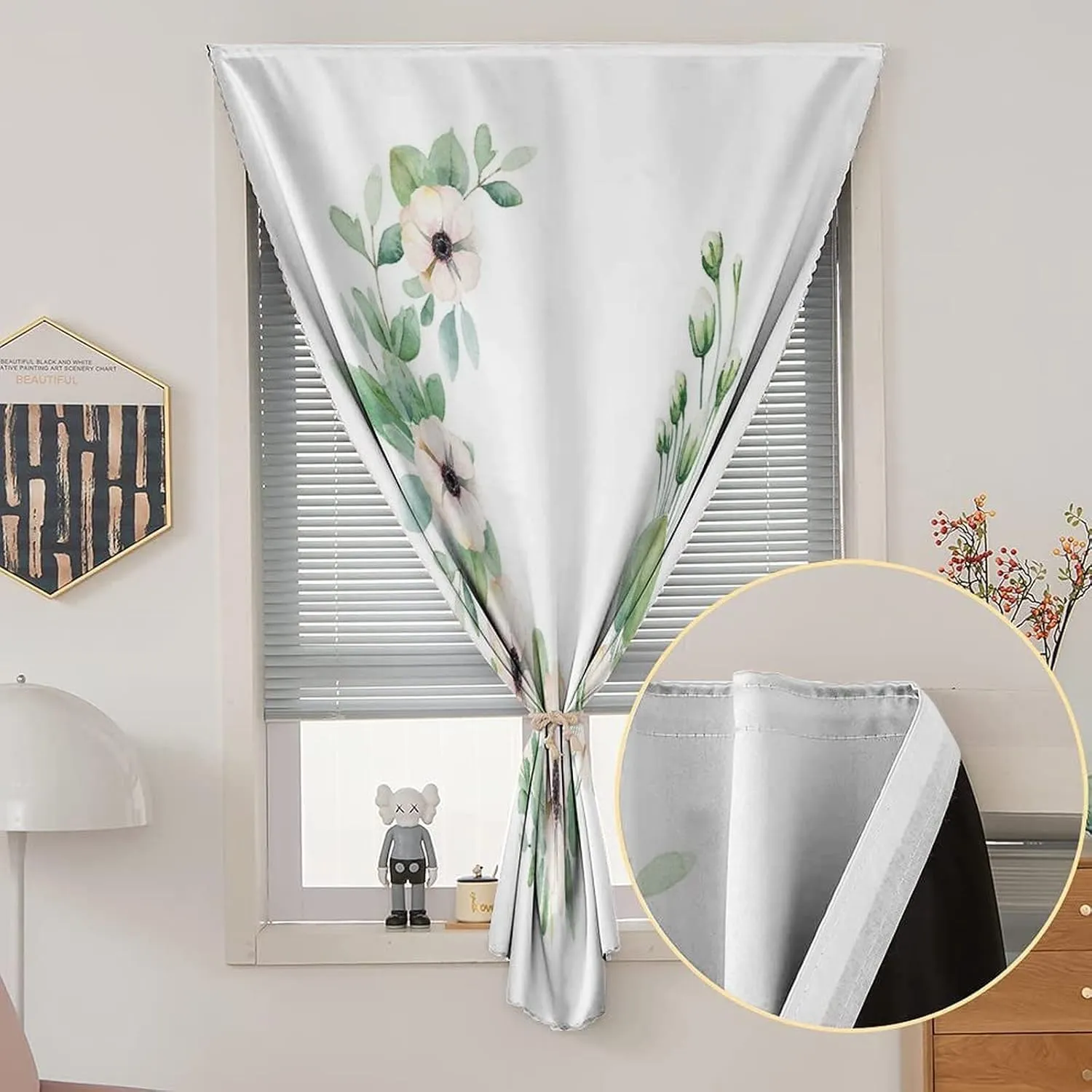 XISUNYA Autohesion Curtains, Flower Window Curtain Panel, Round Composition Fresh Plants Stems Print Thermal Lnsulated Room Darkening Small Drapes,26W x40L Inch, for Kitchen Bathroom Living Room
