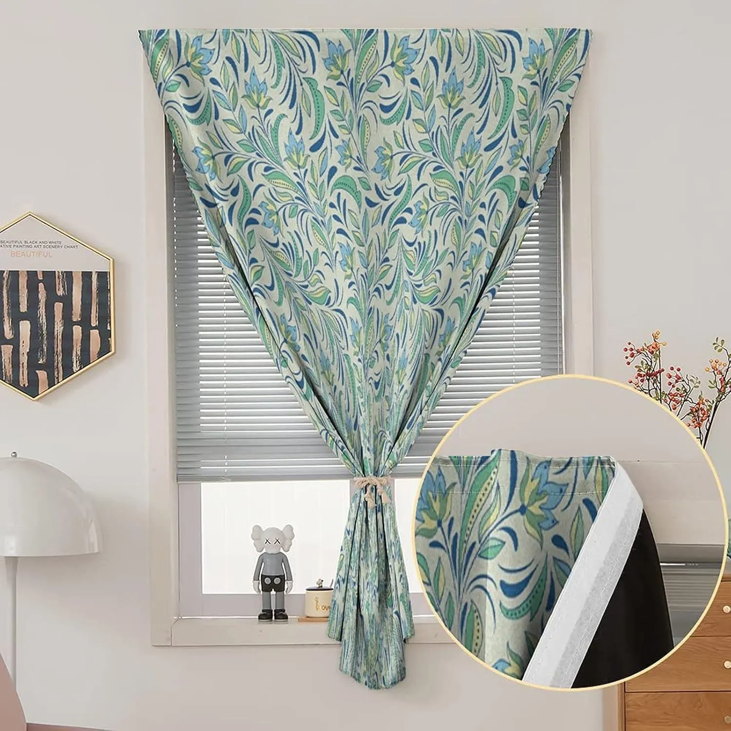 XISUNYA Autohesion Curtains, Flower Window Curtain Panel, Soft Toned Spring Petals Bitter Gourd Blooms Foliage Print Thermal Lnsulated Room Darkening Small Drapes,47W x63L Inch, for Kitchen Bathroom