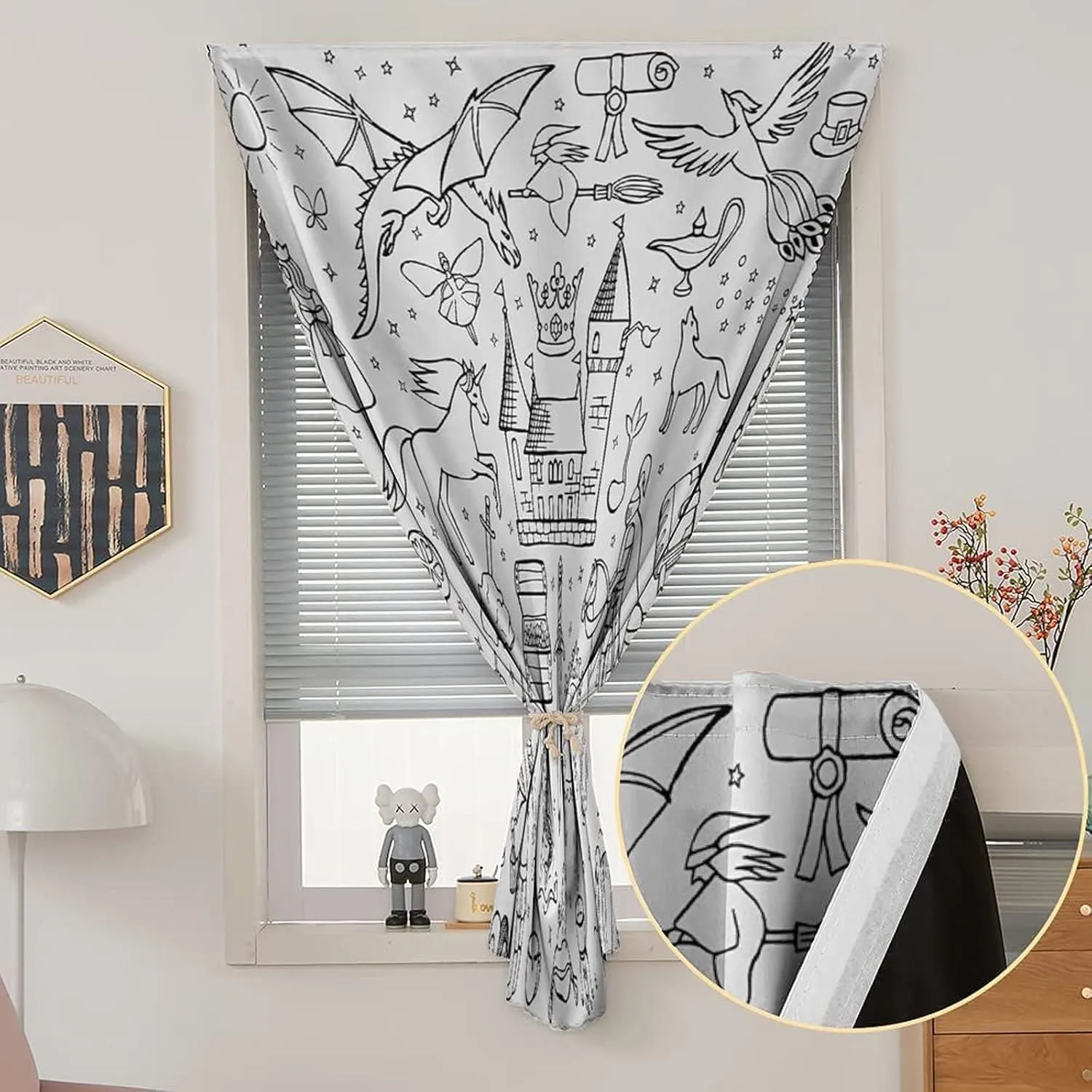 XISUNYA Self Adhesive Portable Blackout Curtains, Doodle Room Darkening Curtains, Prince Charming and Castle Knights and Dragons Print Temporary Blackout Blinds,26W x40L Inch, for Kitchen Bathroom