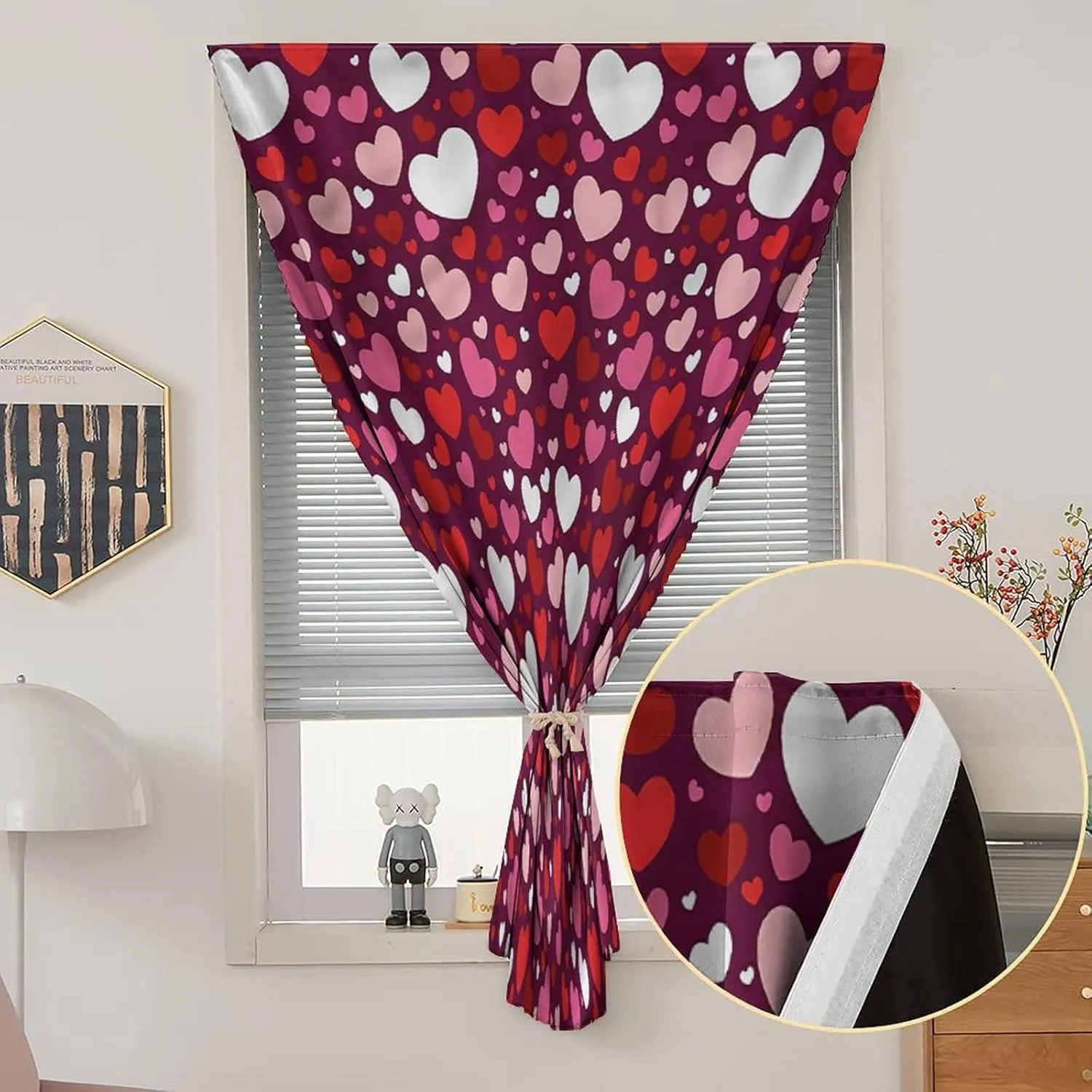 XISUNYA Self Adhesive Portable Blackout Curtains, Hearts Room Darkening Curtains, Different Size Heart Shapes Print Temporary Blackout Blinds,26W x40L Inch, for Bathroom Living Room Bedroom