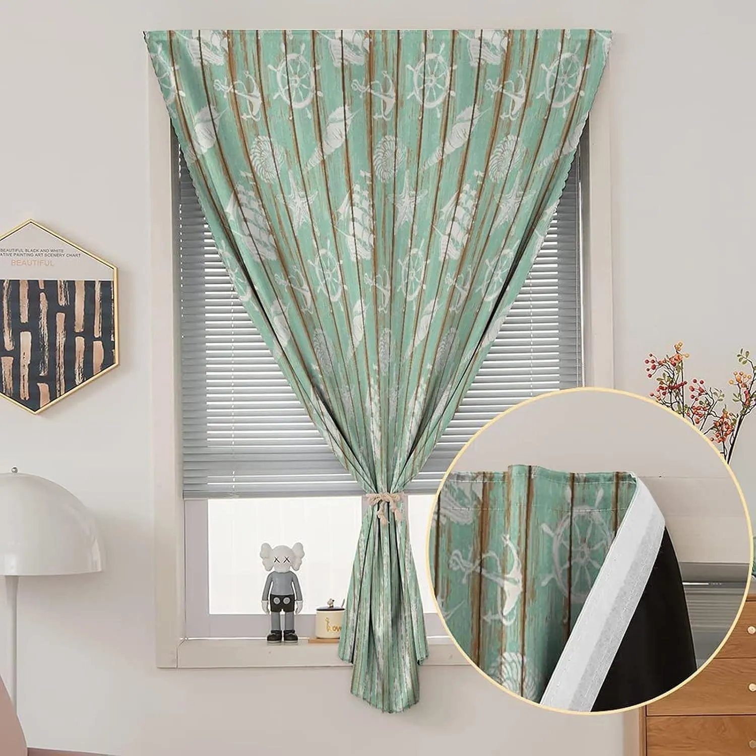 XISUNYA Self Adhesive Portable Blackout Curtains, Nautical Room Darkening Curtains, Old Boards of Ship Deck Anchor Wheel Seashell Starfish Sailboat Print Temporary Blackout Blinds,59W x84L Inch