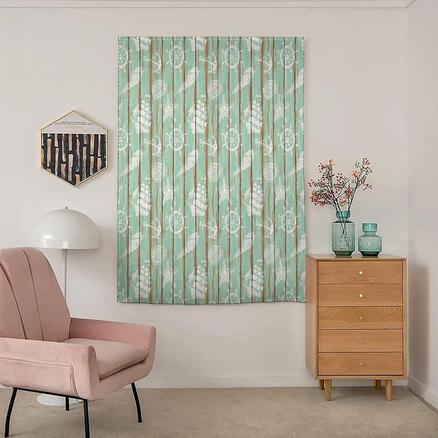 XISUNYA Self Adhesive Portable Blackout Curtains, Nautical Room Darkening Curtains, Old Boards of Ship Deck Anchor Wheel Seashell Starfish Sailboat Print Temporary Blackout Blinds,59W x84L Inch
