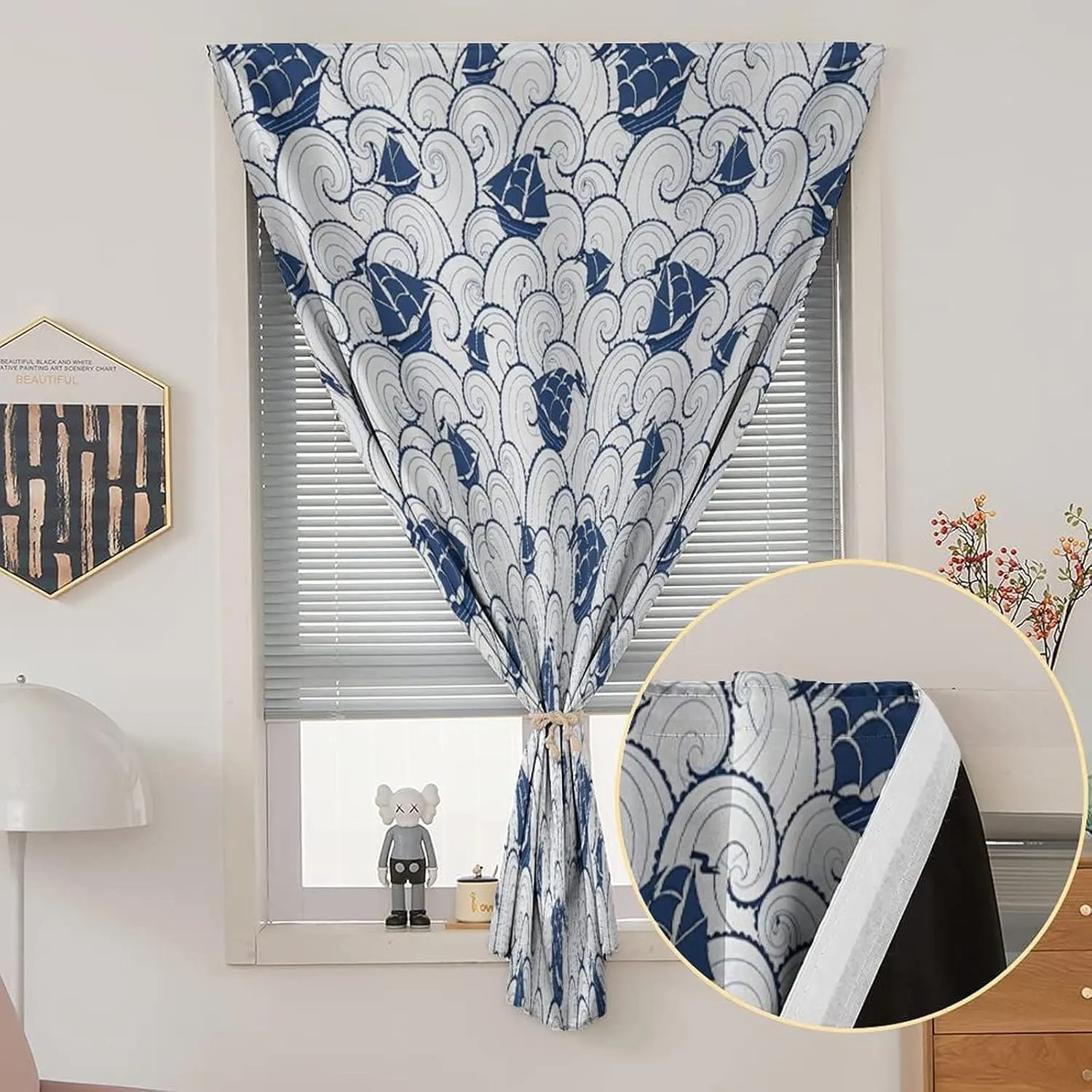 XISUNYA Self Adhesive Portable Blackout Curtains, Nautical Room Darkening Curtains, Ship on Marine Spiral Waves Cruising Boat on Ocean Print Temporary Blackout Blinds,59W x84L Inch