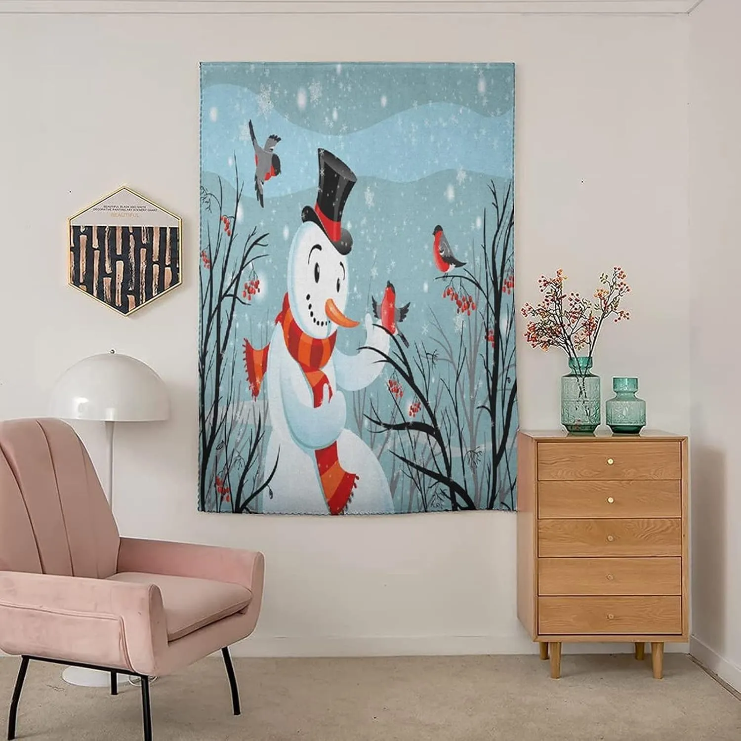 XISUNYA Travel Windows Blackout Curtain, Christmas Curtain Shades, Snowy Winter Tree Branches Berries Bullfinch Birds Snowman Hat Print Adjustable Temporary Blackout Shades,26W x40L Inch