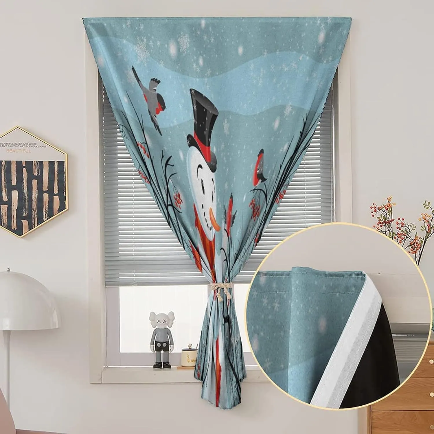 XISUNYA Travel Windows Blackout Curtain, Christmas Curtain Shades, Snowy Winter Tree Branches Berries Bullfinch Birds Snowman Hat Print Adjustable Temporary Blackout Shades,26W x40L Inch