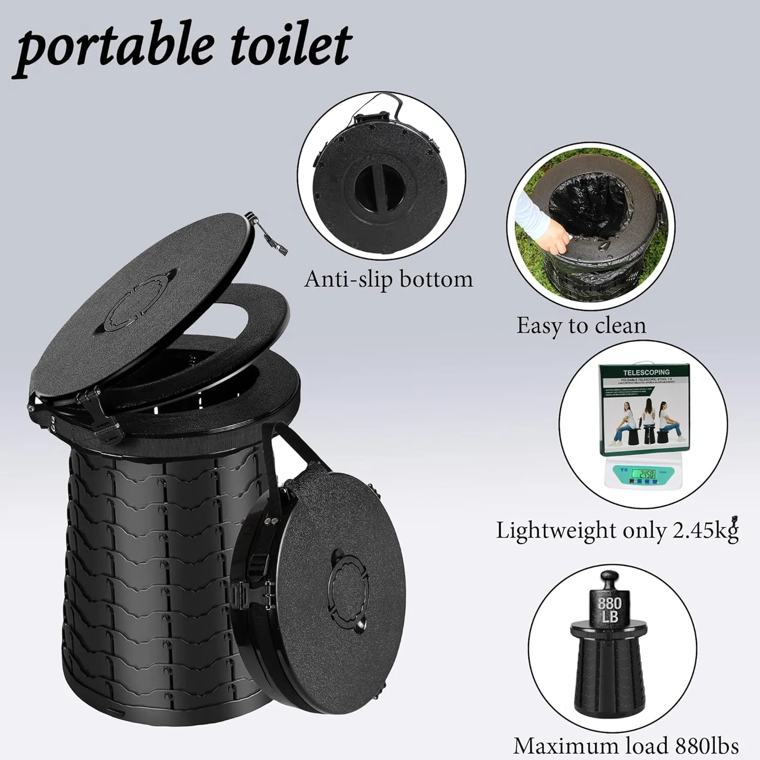 XXL Portable Toilet -19.7" H 15" D Adjustable Foldable Camping Toilet, Luggable Loo with Lid, Strap,Toilet Bag for Camping, Hiking, Travel and Car with Carry Bag