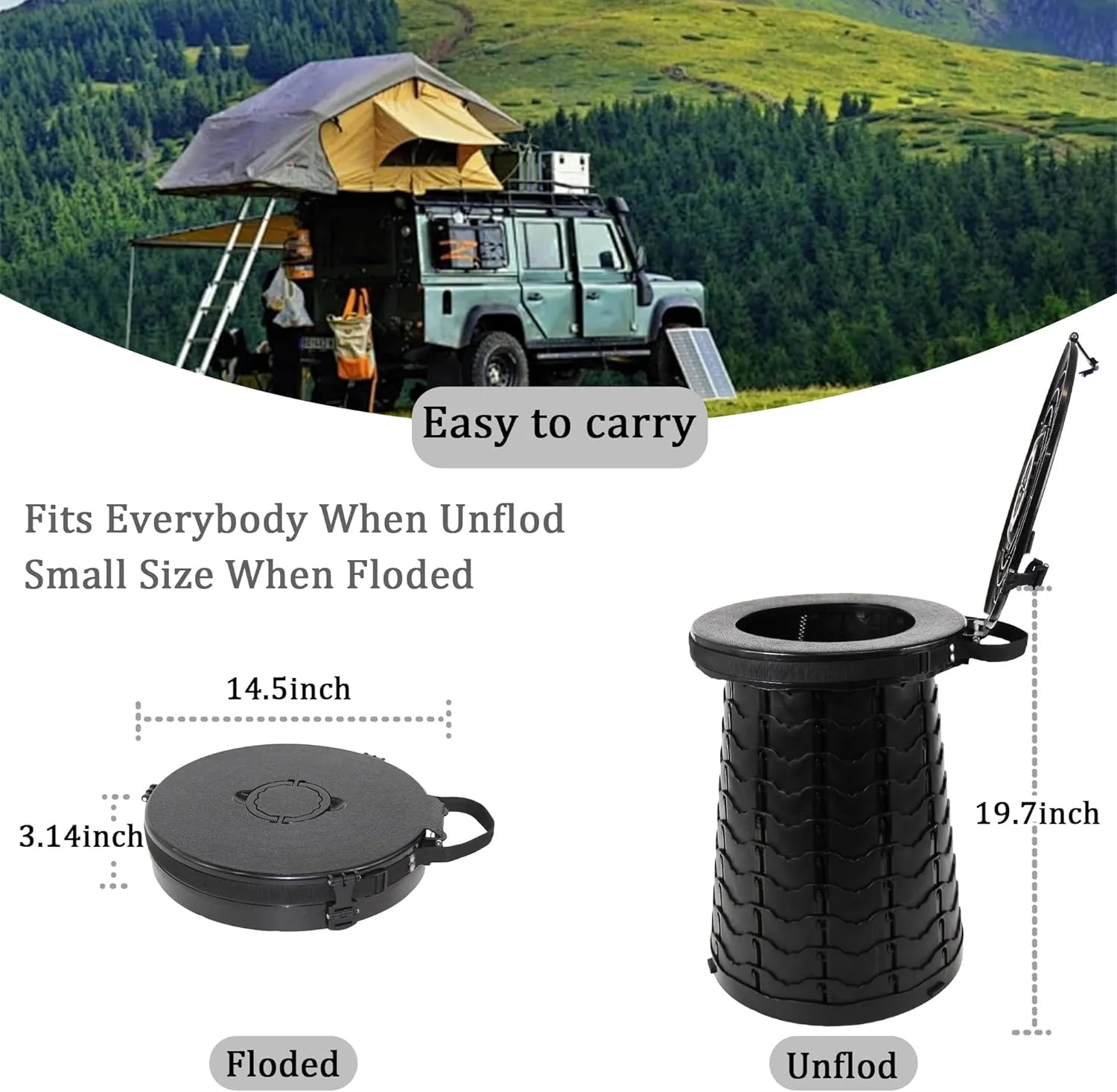 XXL Portable Toilet -19.7" H 15" D Adjustable Foldable Camping Toilet, Luggable Loo with Lid, Strap,Toilet Bag for Camping, Hiking, Travel and Car with Carry Bag