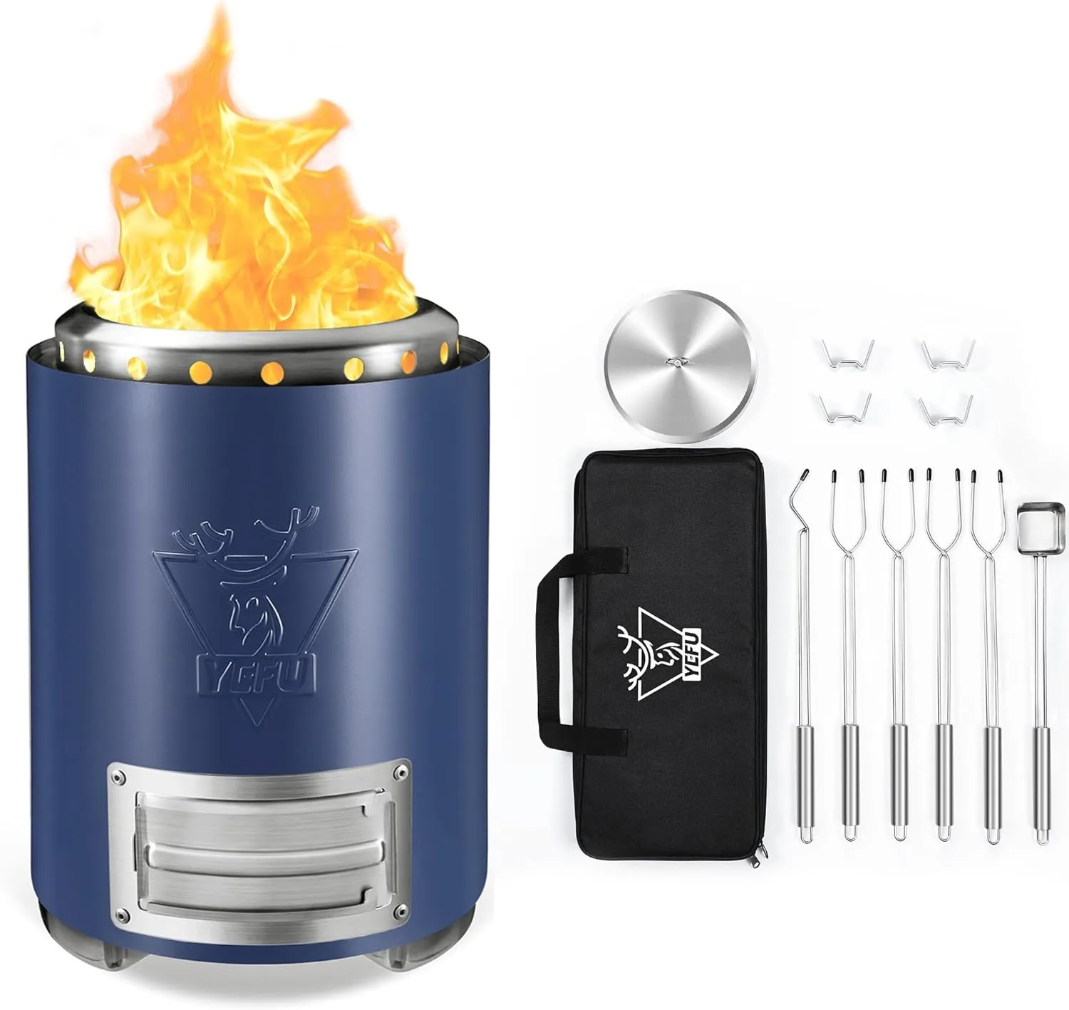 YEFU Tabletop Fire Pit 9.7 x 7.1 in Blue Flame Intensity Control Camping Stove & YEFU Portable Fire Pit Accessories, Fueled by Pellets or Wood, with Travel Bag & 2 Mini Sticks