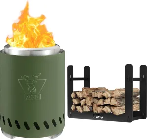 YEFU Tabletop Fire Pit 9.7 x 7.1 in Green Low Smoke Camping Stove&YEFU Mini Firewood Rack for Solo Mesa Stove Mesa XL,Fueled by Pellets or Wood, with Travel Bag & 2 Mini Sticks & Fireproof Mat