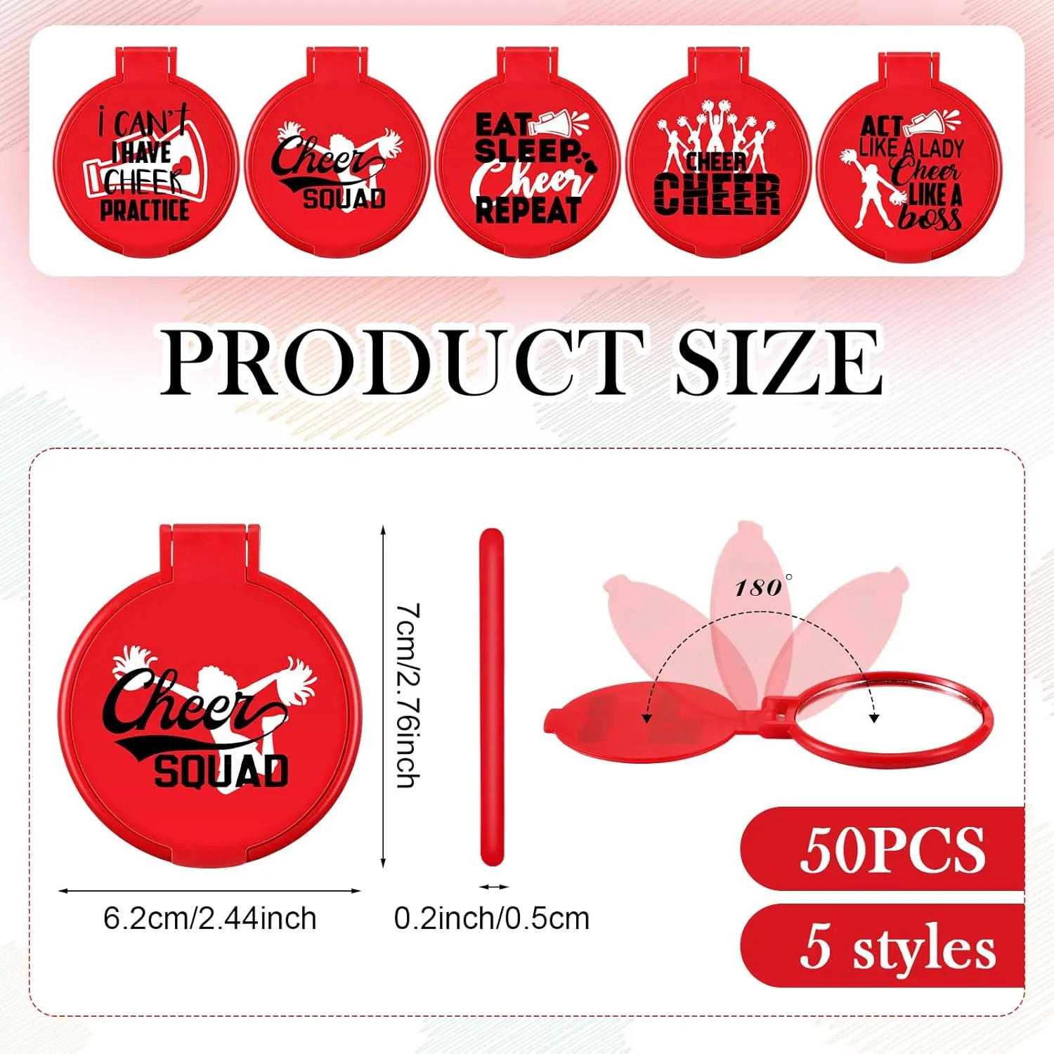 Zhehao 50 Pcs Cheerleader Mirror Gifts Compact Mirror Bulk Folding Pocket Purse Mirror Inspirational Cheer Gifts Travel Portable Mini Makeup Mirror for Cheerleading Team Graduation Friendship(Red)