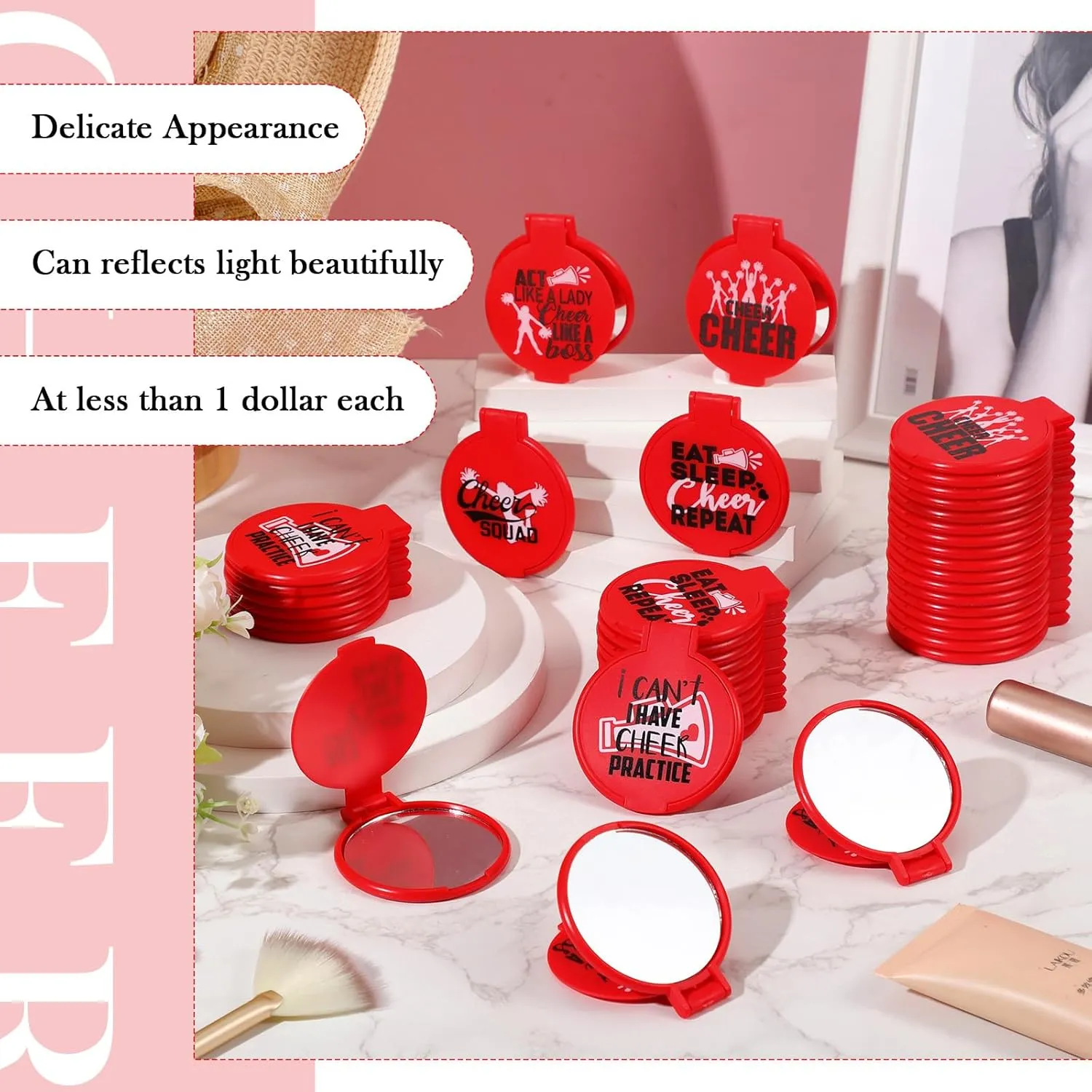 Zhehao 50 Pcs Cheerleader Mirror Gifts Compact Mirror Bulk Folding Pocket Purse Mirror Inspirational Cheer Gifts Travel Portable Mini Makeup Mirror for Cheerleading Team Graduation Friendship(Red)