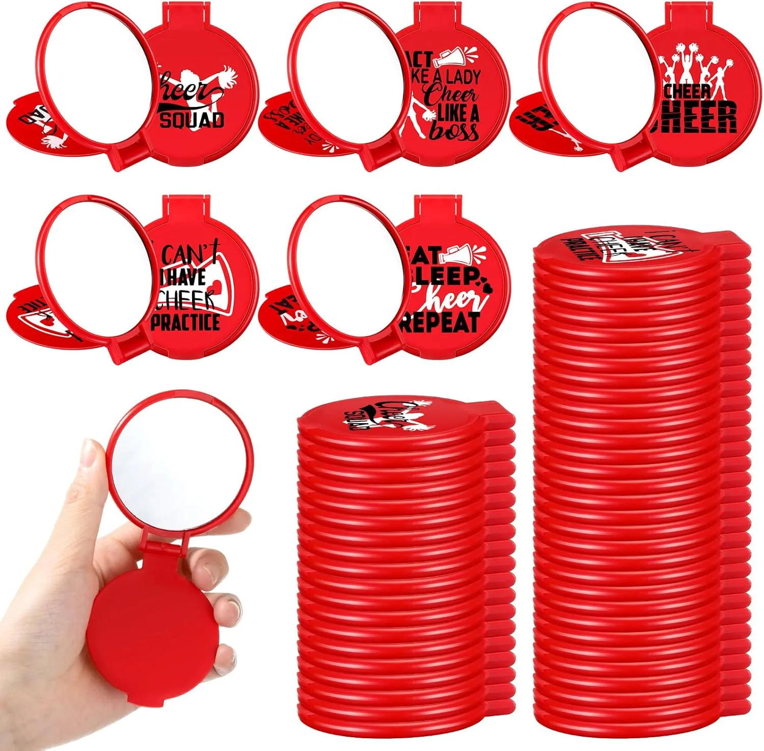 Zhehao 50 Pcs Cheerleader Mirror Gifts Compact Mirror Bulk Folding Pocket Purse Mirror Inspirational Cheer Gifts Travel Portable Mini Makeup Mirror for Cheerleading Team Graduation Friendship(Red)
