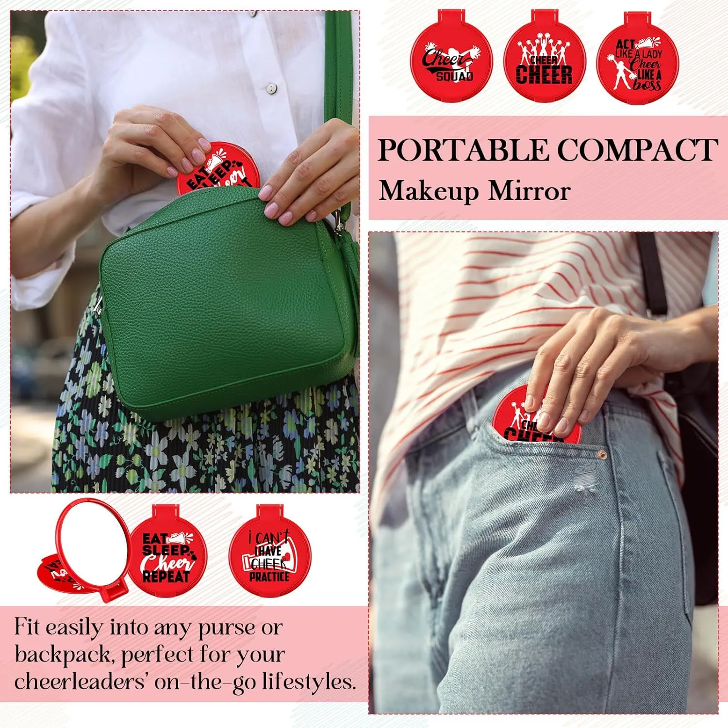 Zhehao 50 Pcs Cheerleader Mirror Gifts Compact Mirror Bulk Folding Pocket Purse Mirror Inspirational Cheer Gifts Travel Portable Mini Makeup Mirror for Cheerleading Team Graduation Friendship(Red)