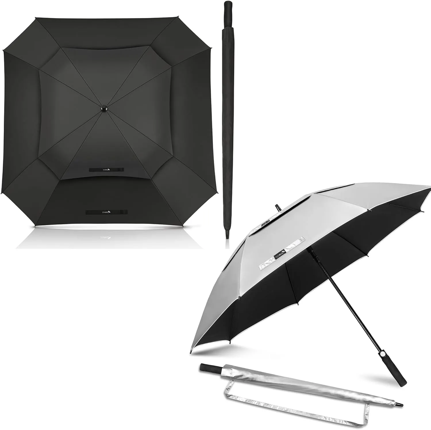 ZOMAKE Extra Large Golf Umbrella 54/62 Inch - Double Canopy Vented Golf Umbrellas for Rain Windproof Automatic Open Golf Push Cart Umbrella Oversize Stick Umbrellas for Men Women(Black/Square&Black)