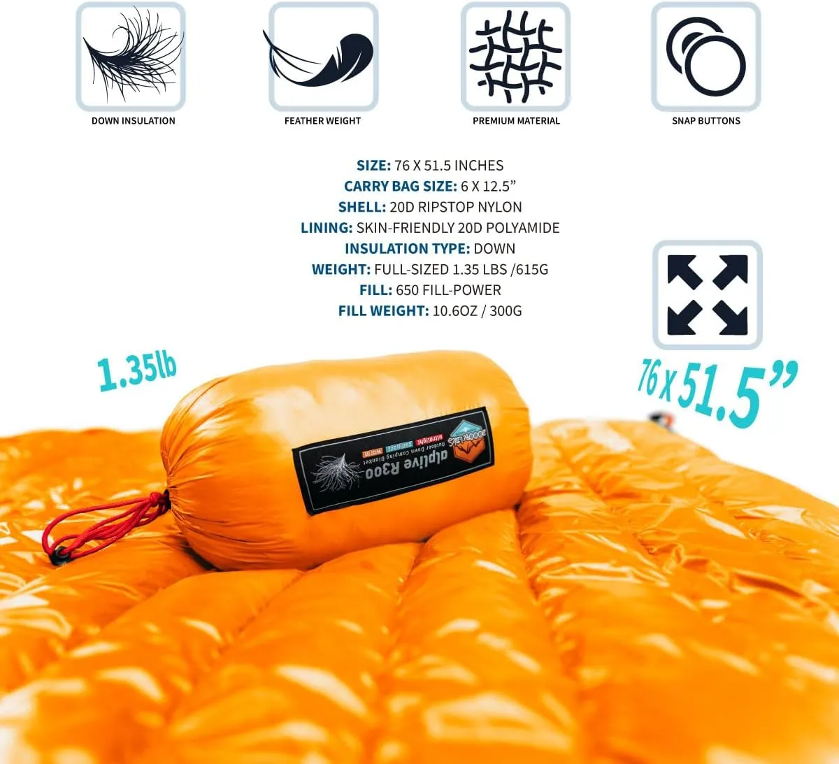 ZOOOBELIVES Ultralight Down Camping Blanket - 1.35lbs, 650 Fill Power Puffy Quilt. Compact & Warm Comforter for Travel, Beach, Hammock, Backpacking - Elevate Your Outdoor Comfort - AlpliveR300